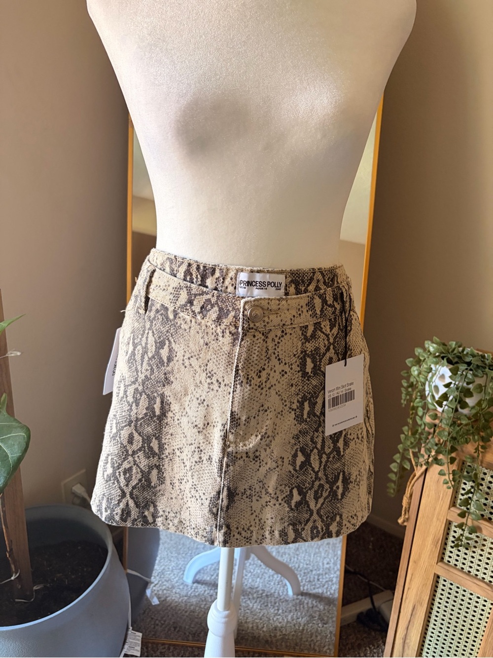 Princess Polly Neutral Beige & Brown Snake Print Mini Skirt